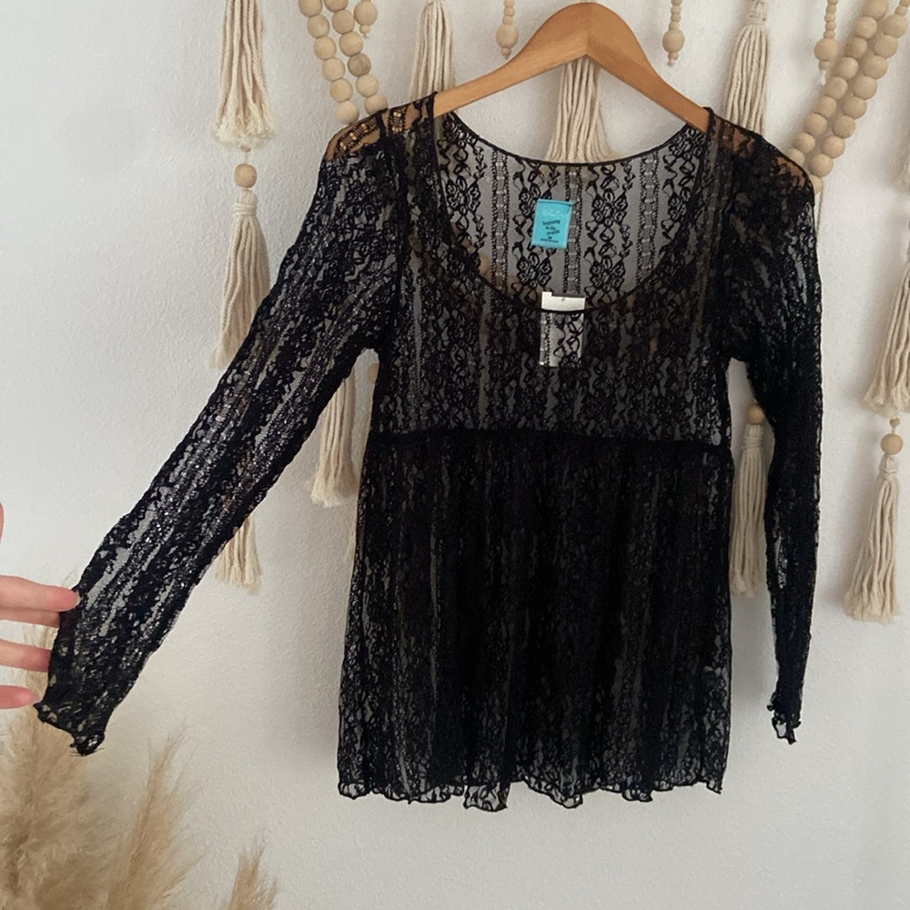 Nordstrom black lace babydoll top long sleeve sheer boho festival crochet medium - Picture 9 of 15